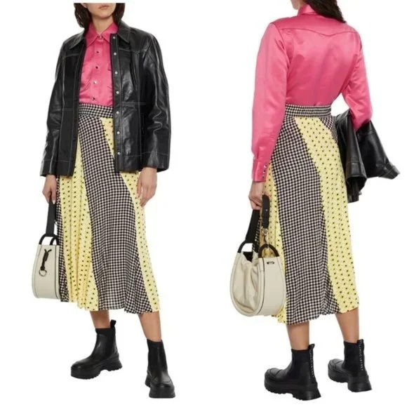 GANNI Daisy Printed Floral Crepe Paneled Maxi Skirt Gingham Yellow Flowy EU 40 - Picture 9 of 15